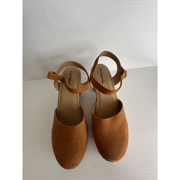 LOFT Tan Beige Leather Wood Heel Platform Ankle Strap Clogs 8 M - Picture 4 of 8